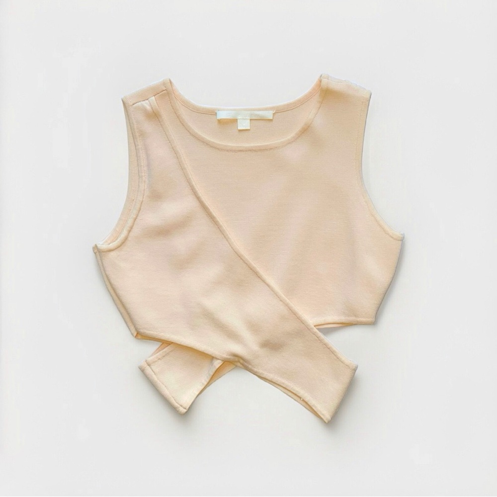 JONATHAN SIMKHAI LIGHT PEACH KNIT CUT OUT CROSSOVER CROP TANK TOP - Picture 3 of 10